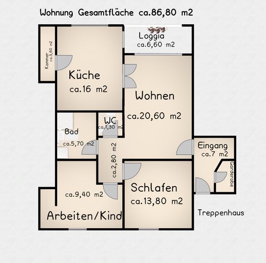 „Your morning coffee with river view – 3 rooms, loggia & unobstructed water location in Leipzig Plagwitz“ – Grundriss 2D