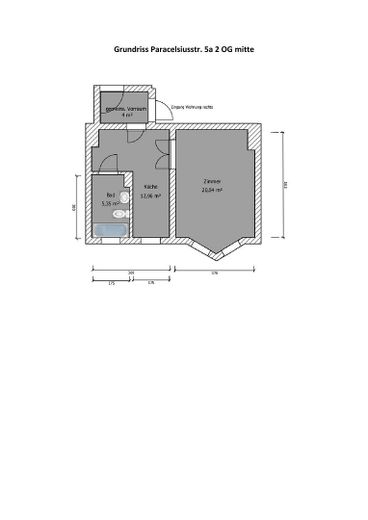 1-Zimmer-Appartment mit separater Küche in der Nähe des Wasserturms – Grundriss mit ca. Maßen