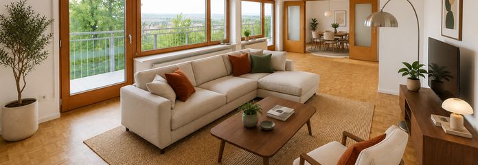 Wohnen wie im eigenen Haus: 6,5-Zi.-Maisonette, 195 m² mit Weitblick, ruhige Waldrandlage in Leimen – Wohnzimmer mit Rheinblick