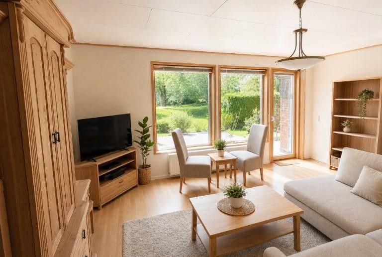 Skandinavisches Einfamilienhaus nahe dem Vogelpark und der Ostseeküste in M-V – Wohnzimmer EG, Terrassenzugang