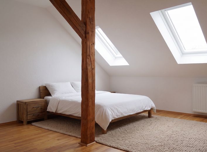 Charme historique. Confort de vie moderne. Un chez-soi avec du caractère. – Schlafzimmer 1 möbliert (KI)