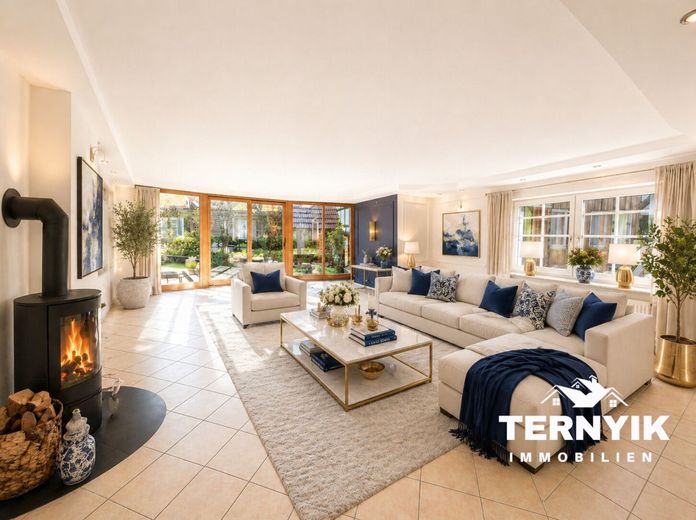 Großes Haus -Potenzial für 3-4 Wohneinheiten Scheune Stellplätze hohe Renditechance Familienparadies – Virtuelles Homestaging Wohnzimmer Mediterran - Kaminanschluss möglich!
