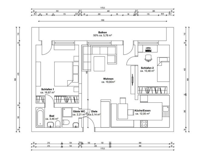 Fully Furnished 3 Room Apartment in Mitte with Guest WC – Floor Plan with Dimensions