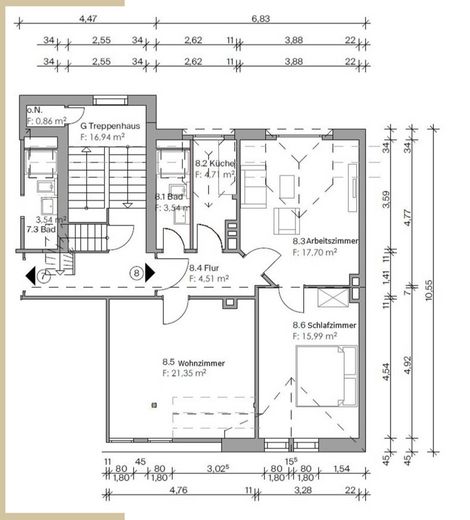 3-kamerappartement met uitzicht op de Förde, op de Duborg in Flensburg. Van particulier. – Grundriss