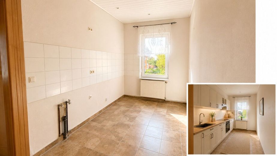 Reserviert | PROVISIONSFREI | Attraktives Zweifamilienhaus mit zusätzlicher Wohneinheit – Küche 1 OG mit virtuell eingerichtetem Beispiel