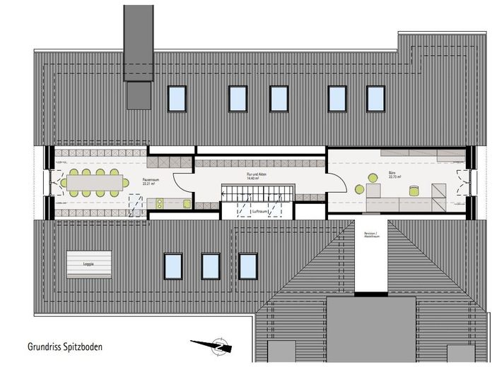 Mehr als ein Büro: Stilvolle Arbeitswelt mit Großzügigkeit und Charakter – Grundriss Spitzboden
