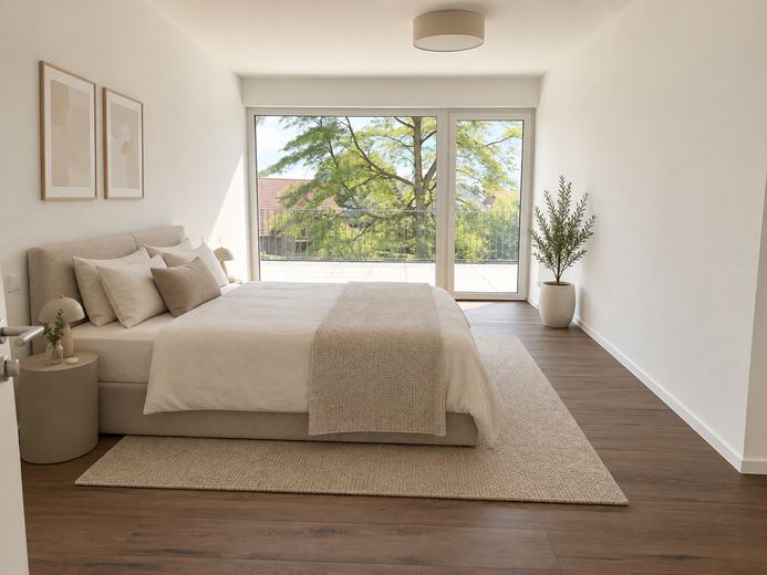 Neubau-Penthouse mit großer Dachterrasse in Verl – Schlafzimmer  (KI-generiert)