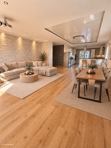 Komisyonsuz: Teraslı, konut amaçlı kullanılan bodrum katı ve hobi/sinema odalı 3,5 oda – Wohnzimmer zur Küche mit Möbel