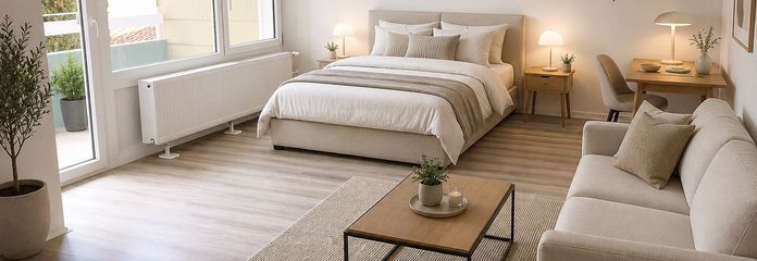 Appartement 1 pièce avec loggia – sans commission (garage en option) – Wohnraum_Möbliervorschlag