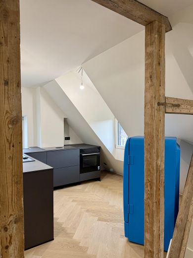 Rare opportunité dans un monument classé KfW : duplex sous les combles dans un immeuble ancien, vue panoramique, prestations haut de gamme, PREMIÈRE OCCUPATION – Einbauküche mit BORA-Kochfeld