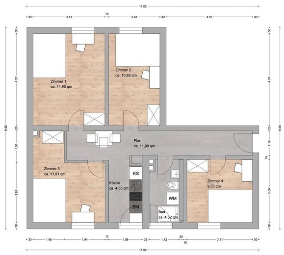 Stilvolles WG-Zimmer in hochwertig ausgestatteter Wohnung - Nürnberg | Schnorrstraße 7A – Grundriss