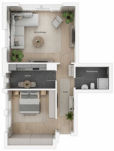 Frisch renovierte 2-Zimmer-Wohnung im Erdgeschoss – Grundriss mit KI eingerichtet
