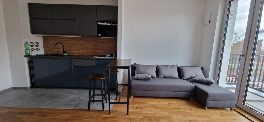 Hochwertige Neubauwohnung | Dachgeschoss | großer Südwestbalkon | voll möbliert – Wohnzimmer und Küche