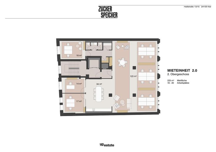 Bürofläche im Zuckerspeicher (2. Etage, 225 m², 17 Arbeitsplätze) – Grundriss 2. Obergeschoss