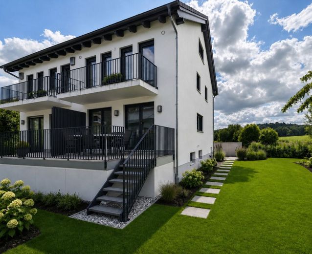 Jetzt schnell sein! Neubau-Doppelhaushälfte in Ergoldsbach mit Garten, Garage und KfW-55-Standard – Beispiel Gartenansicht nach Fertigstellung