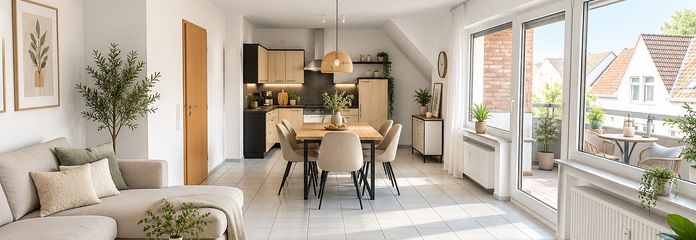 Über den Dächern von Langenfeld – 3 Zimmer mit Balkon & Einbauküche – Wohn/Essbereich Ki Bild