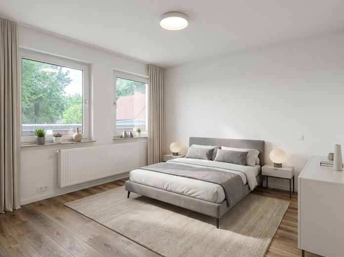 Frisch renovierte 2-Zimmer-Wohnung im Erdgeschoss – Schlafzimmer - KI eingerichtet