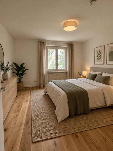 Modernisierte 3-Zimmer-Wohnung mit großem Westbalkon ins Grüne und TG – provisionsfrei – Einrichtiungsbeispiel Schlafzi