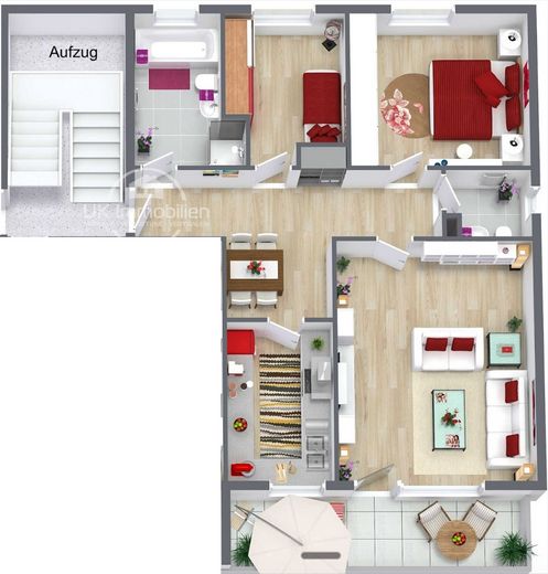 Appartement de 3 pièces à Maintal-Bischofsheim : balcon avec vue sur la skyline, cuisine équipée et garage – Grundriss der Wohnung
