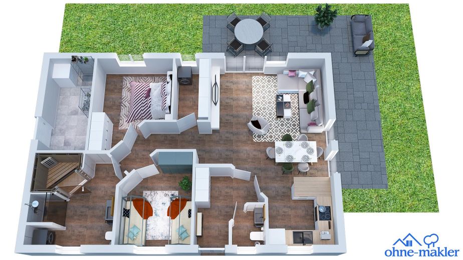 Traumhaftes Holzhaus mit Sauna, großer Terrasse auf 931 m² Eckgrundstück nahe St. Peter-Ording – 3-D Grundriss