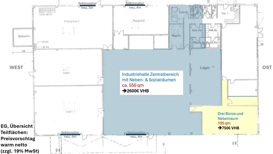 Afzonderlijk of gecombineerd: kantoor-, opslag- en productieruimten (550/440/105 qm)! – Übersicht EG (550qm+105qm)