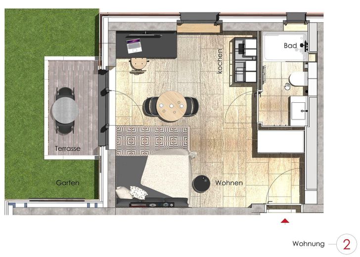 1-Zimmer-APP komplett ausgestattet, 1-room APP comfortably furnished, Munich Westpark, Metro U6 – Grundriss WHG-2