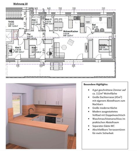 Erstbezug Neubau: Penthouse, 4 Zimmer Wohnung 112 m² Dachterrasse Einbauküche in Neumünster Gadeland – Penthouse mit Dachterrasse