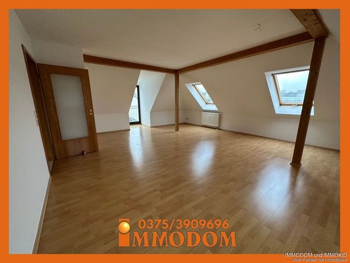 3-Zimmer-Dachgeschoss-Wohnung mit großem BALKON und Holzbalkendecke zu vermieten! – Wohnzimmer