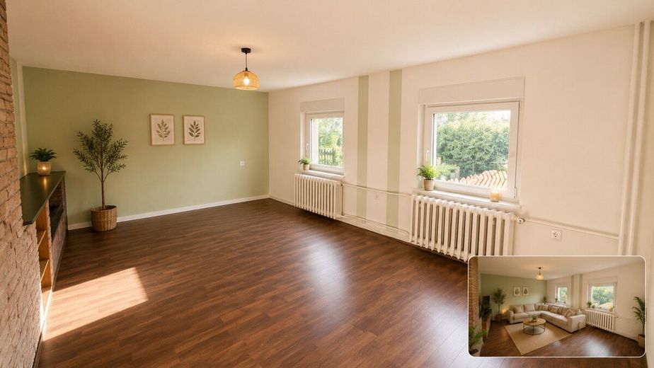 PROVISIONSFREI | Familienhaus mit großem Traumgrundstück, Werkstatt, Garage und Ausbaureserve – Wohnzimmer mit virtuellem Einrichtungsbeispiel