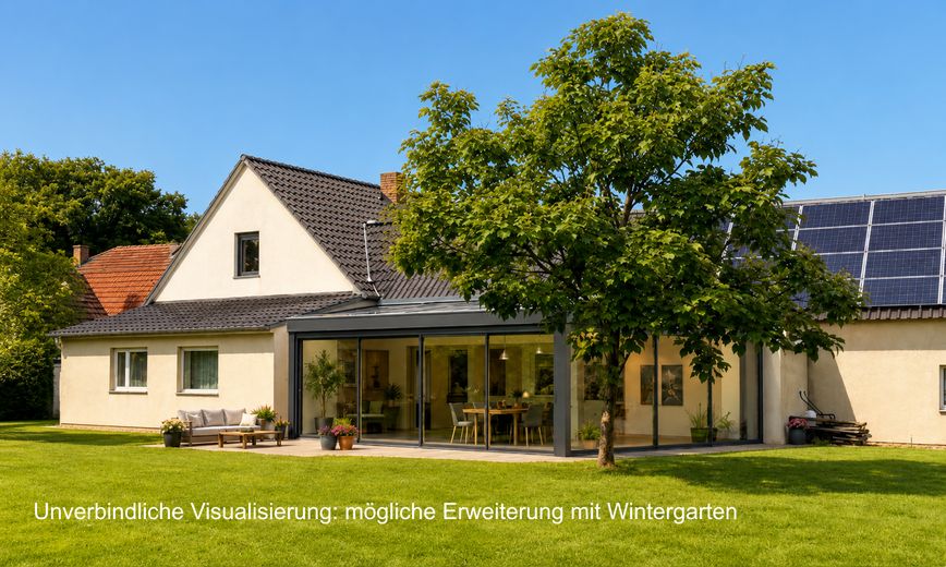 4‑Seiten‑Hof + Wiese, Berlin-nah, für Pferdehof, Mehrgenerationen bis 9 WE, Gewerbe; Café – Wintergartenfundament vorhande