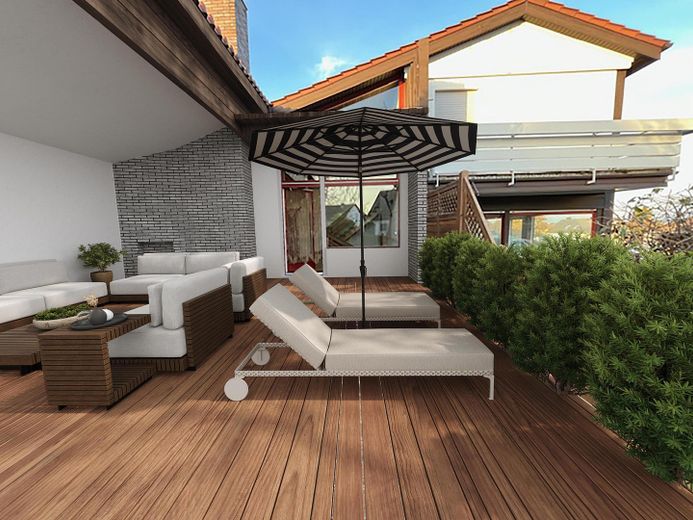 Attraktives Einfamilienhaus  mit grosszügiger Holzterrasse und Garten – Terrasse  (visualisiert)