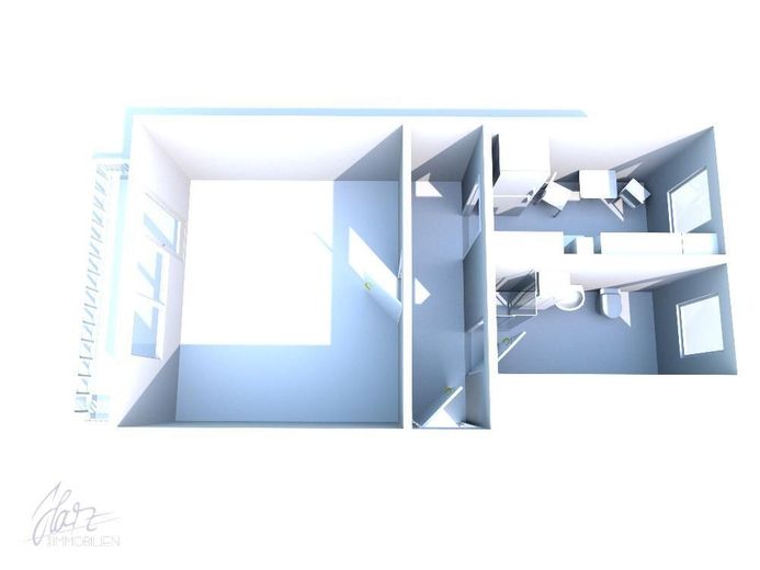 ***AB SOFORT ZU VERKAUFEN*** 1-Raumwohnung mit großzügigem Balkon, Einbauküche und Tageslichtbad mit Dusche – 3D-Ansicht