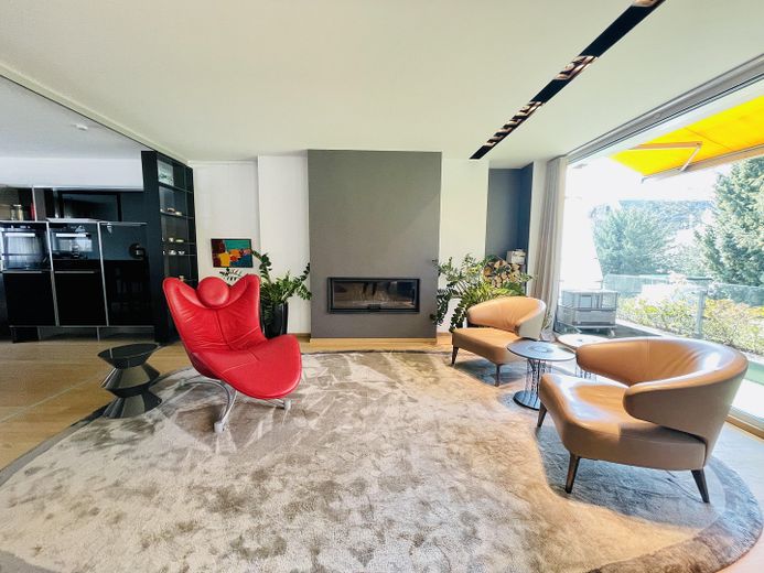 Designer Maisonette-Wohnung nähe Zoopark mit Blick ins Grüne, Fussbodenheizung, Kamin, Terrasse – Wohnzimmer