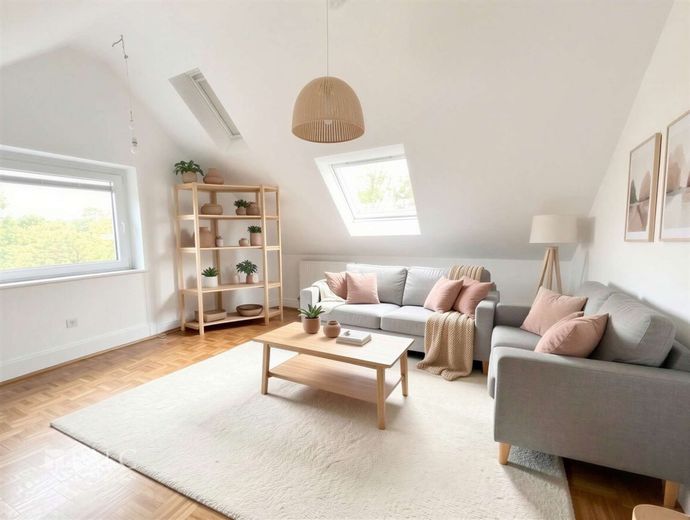 Gemütliche Einzimmer-Dachgeschosswohnung in ruhiger Lage von Überruhr-Hinsel – Wohnzimmer- (KI generiert)