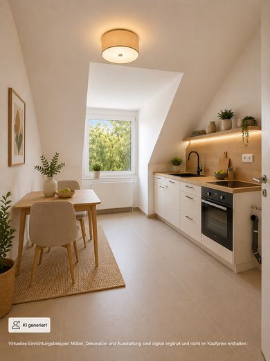 Stilvoll saniertes Dachgeschoss mit Rundbogen-Gauben und Balkon in Kirchrode – Küche - Homestaging