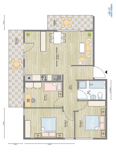 Letzte Neubauwohnung, 4 Zimmer, barrierefrei, zwei Terrassen und mit KfW 55 Standard – Grundriss Wohnung