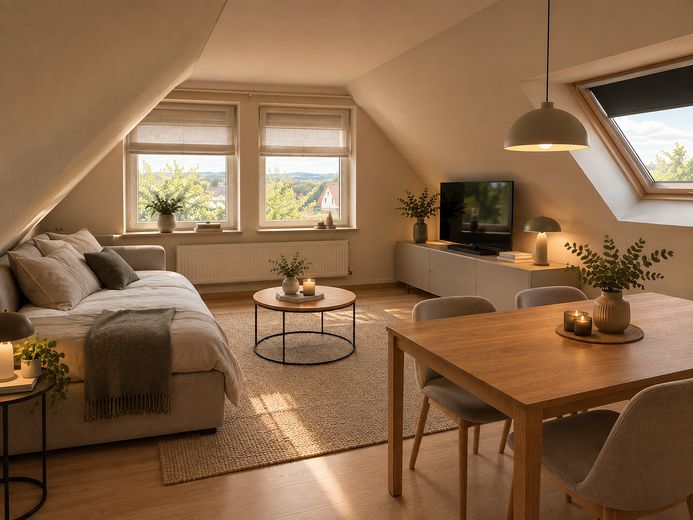 Appartmentwohnung im Dachgeschoss zu vermieten – Appartmentraum KI eingerichtet