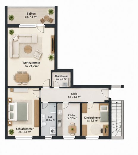 Newly renovated & quietly located – 3 rooms with balcony and lovely views – Grundriss