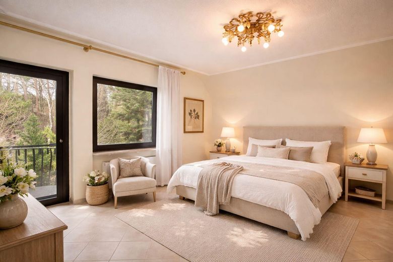 Living & working in a prime location near Fürth, Erlangen & Nuremberg! – Schlafzimmer - Deko KI gen.