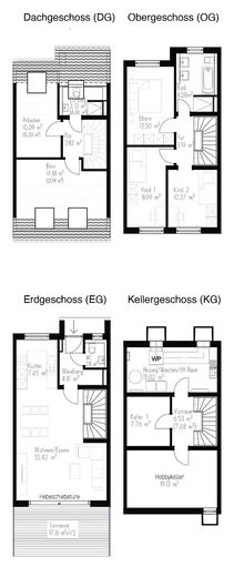Erstbezug: A+ Neubau-Reihenhaus mit 6 Zimmern, Premiumküche, PV-Speicher & Garten – Grundrisse alle Etagen