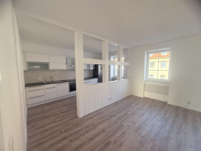 Frisch sanierte 2-Raum-Wohnung mit Einbauküche, Bad mit Wanne,  & Carport-Stellplatz – Küche Wohnzimmer