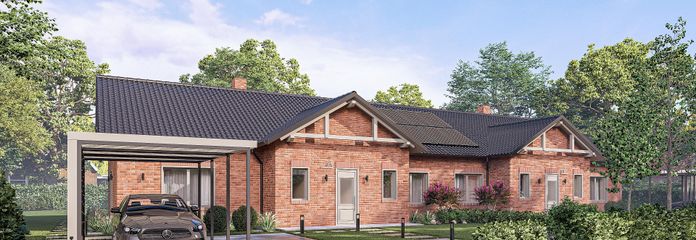 Demi-maison bungalow haut de gamme avec cuisine équipée, sauna & carport – emplacement attractif et calme à Barum – Aussenansicht Eingang links 