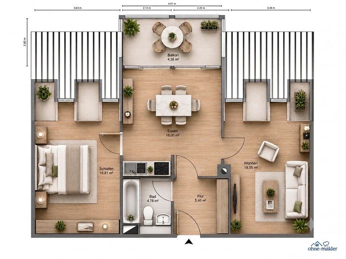 hell und geräumig: renovierte 2 Zimmer DG-Wohnung auf 69m² mit großem Gaubenbalkon ohne Provision – möglicher Grundriss 3-Zimmer
