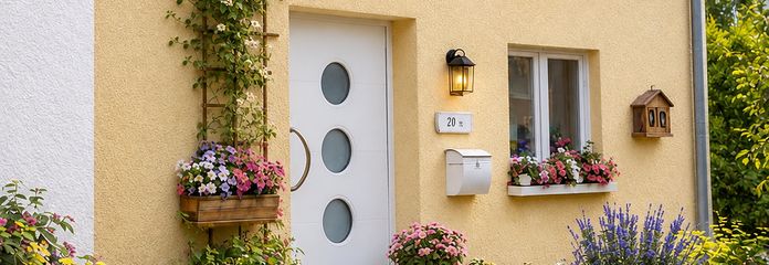Grundsolides sonniges ruhiges (Sackgasse) Eckhaus mit viel Platz und Umlaufgarten – Fassade Vorschlag