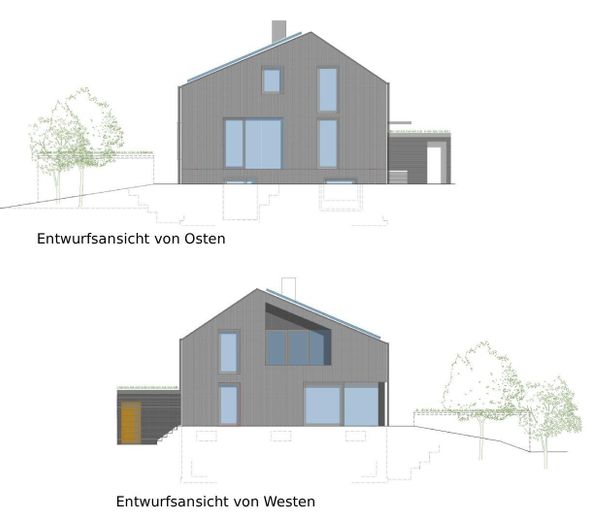 Provisionsfreies KFW55 Ausbauhaus: Architekten 2FH trifft auf 750m² Natur mit Gestaltungsmöglichkeit – Entwurfsansichten - Ost/West