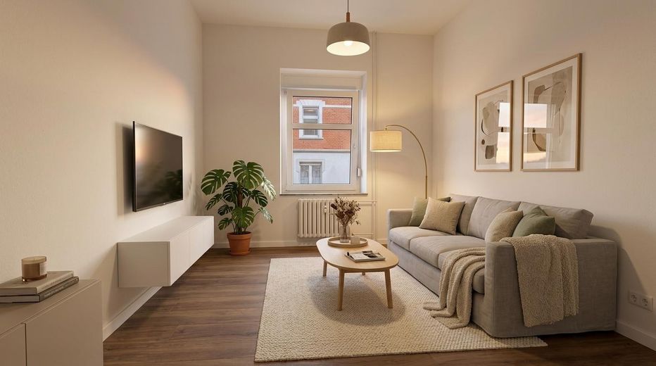 3-room ground-floor apartment with terrace facing the quiet courtyard – flexible layout in Essen-Kray – Wohnzimmer