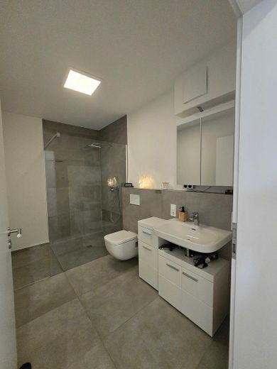 Stillvolle 4-Zimmer EG Neubauwohnung KFW 40 (Wärmep.+PV) mit Terrasse, Garten, Parkplatz – Badezimmer 