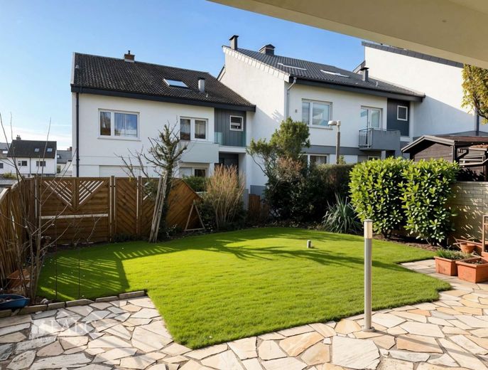 Garten-Wohnung im Reihen Endhaus, helle 3,5 Zimmer, Terrasse + Garage + Platz – Blick in den Garten - (KI generiert)