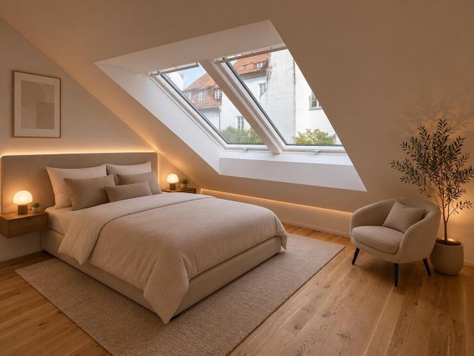 Erstbezug nach exklusivem Architekten-Umbau – DG Schlafzimmer KI generiert