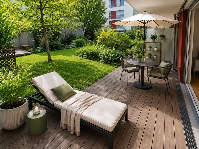 Maxvorstadt: Ruhige 1-Zimmer-Gartenwohnung in Toplage – nur 3 Min. zur U-Bahn! – Terrasse - Wohnvisualisierung